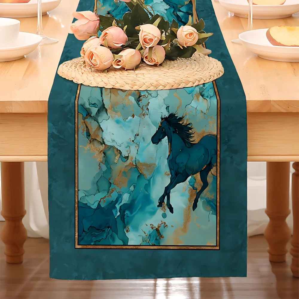 1 Piece of Blue-Green Watercolor Galloping Horse Art Pattern Printed Table Runner, Suitable for Farmhouse, Indoor, Kitchen, Celebrations, Table Decoration, Restaurant, and Banquet Decoration Supplies