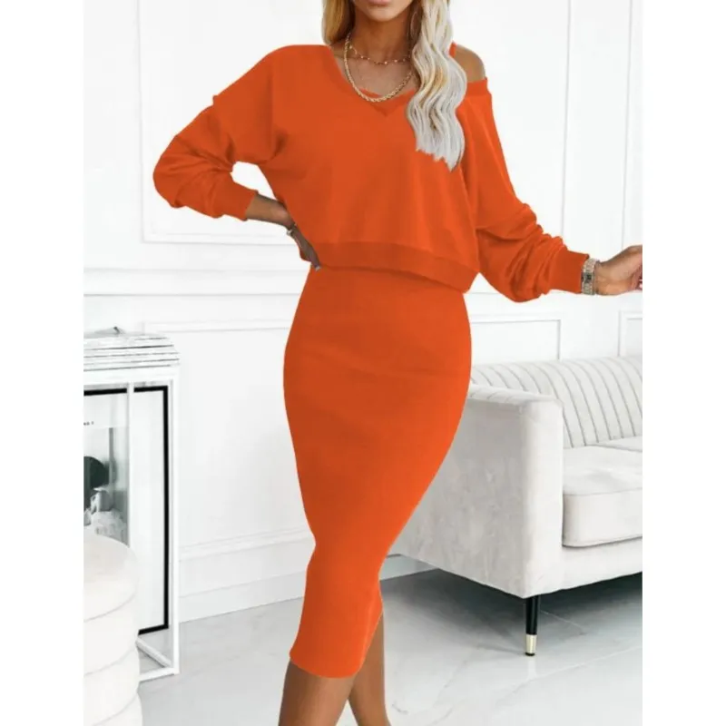 Women's Fashion Two Pieces Skirts Sets Spring Sexy V Neck Long Sleeve Pullover Top And Long Skirts Two Piece Set Female Clothing