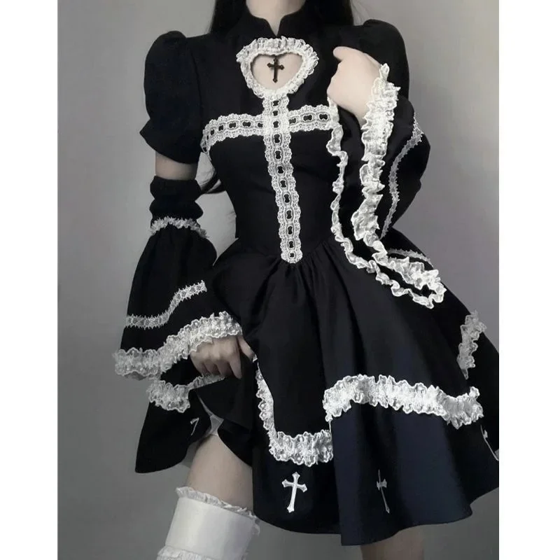 Gaun Cosplay Gotik Jepang pakaian Y2k renda lengan panjang berlubang kostum wanita gaun Lolita Kawaii pengiring Harajuku wanita