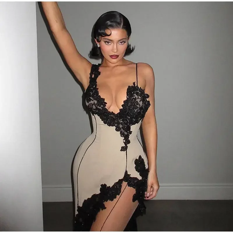 

Sexy Deep V Applique Suspender Dress Women Slim Backless Split Party Mini Vestidos 2024 Summer Sleeveless Night Club Outfits