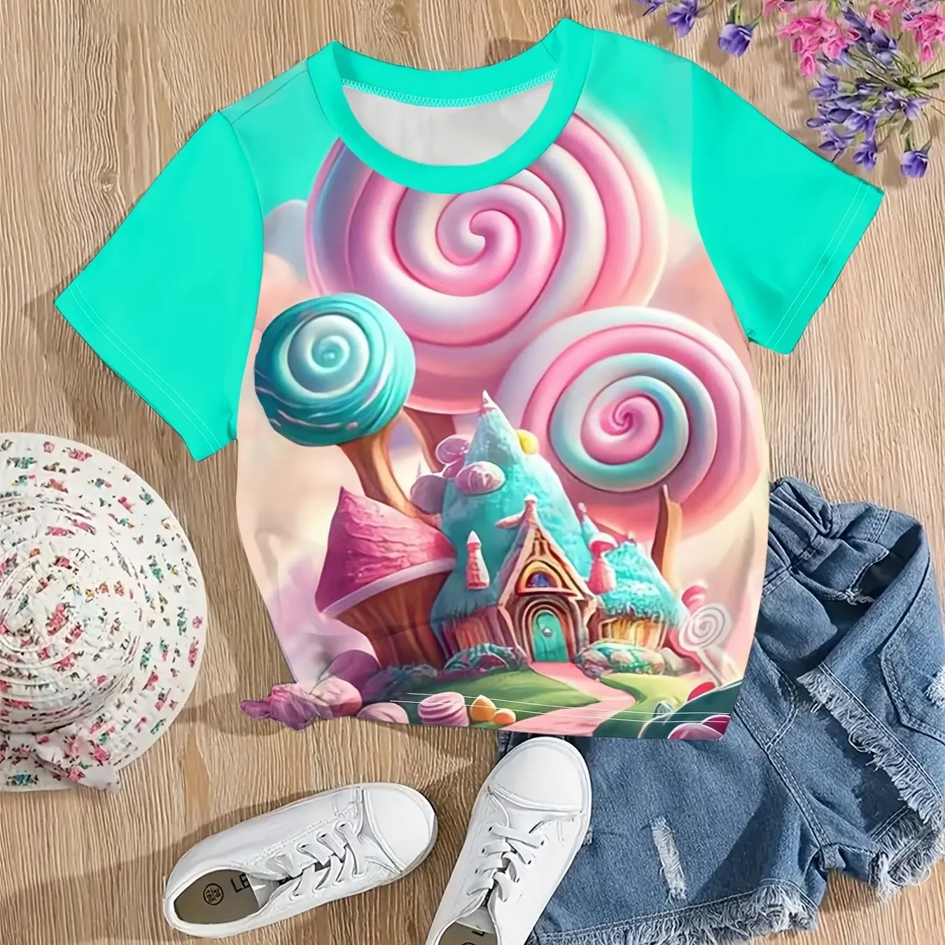 T-Shirt à Manches Courtes et Col Ras du Cou pour Enfant Fille, Vêtement d'Extérieur Décontracté avec Impression Graphique 3D de Maison de Bonbons, Été