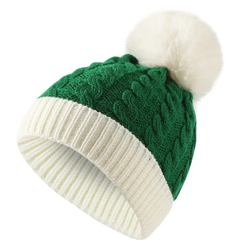 Unisex Winter Red And Green Patchwork Pompoms Knit Hat Christmas Hat For Women Men Christmas Gift