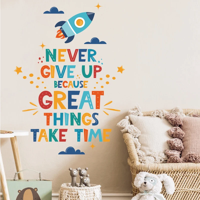 Creative rocket star never give up sticker for kids room kindergarten self adhesive wall art decal