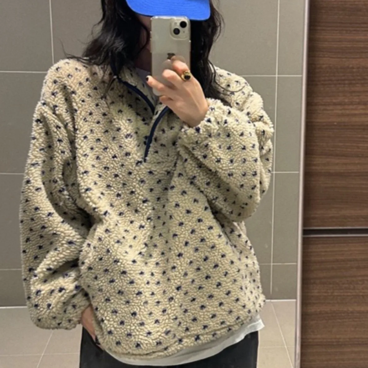 Lamb Fur Heart Pattern Oversized Long Sleeve Sweatshirt Jacket Women's Warm Casual Outerwear Spring Autumn Winter Seasonal