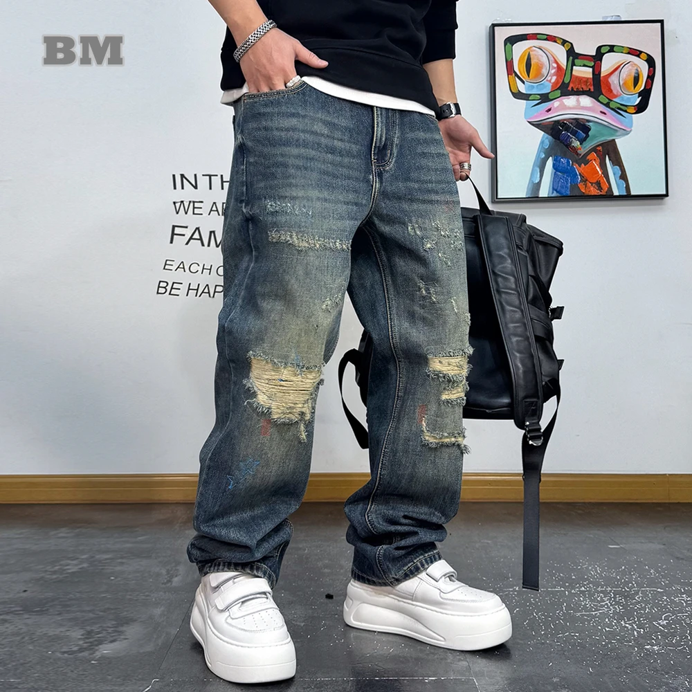

Korean Streetwear Ripped Jeans Men Vintage Washed Patched Denim Pants Hip Hop Plus Size Straight Leg Harajuku Trendy Trousers