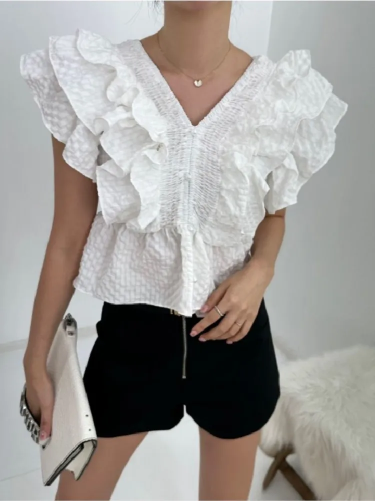 Summer V-Neck Shirts Tops Women Ruffle Pleated Slim Sexy Fashion Bodycon Ladies Cropped Blouses Korean Style Woman Shirts