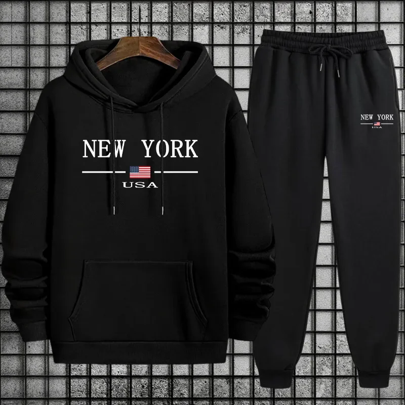Мужская спортивная одежда, толстовка + брюки, комплект из 2 предметов, осень-зима, повседневный повседневный спортивный спортивный костюм, мужской городской модный костюм с капюшоном