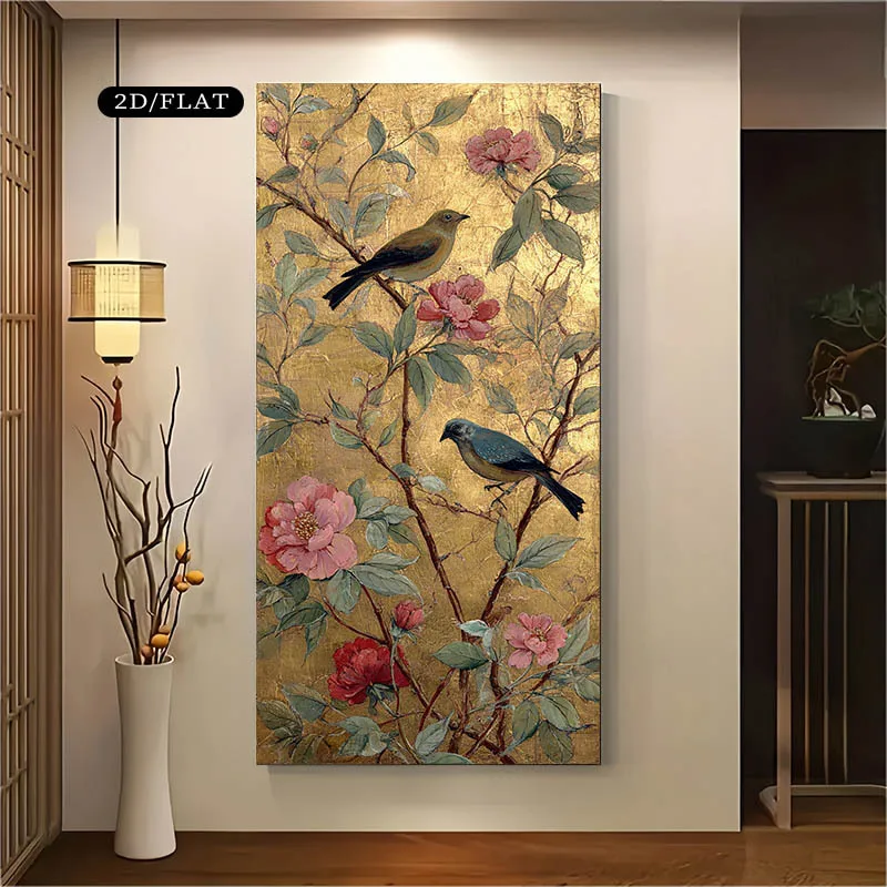 

2D/Flat Large 1pc Birds Among Blooming Branches Canvas Prints, Unframed Modern Wall Art Painting for Living Room & Bedroom Decor