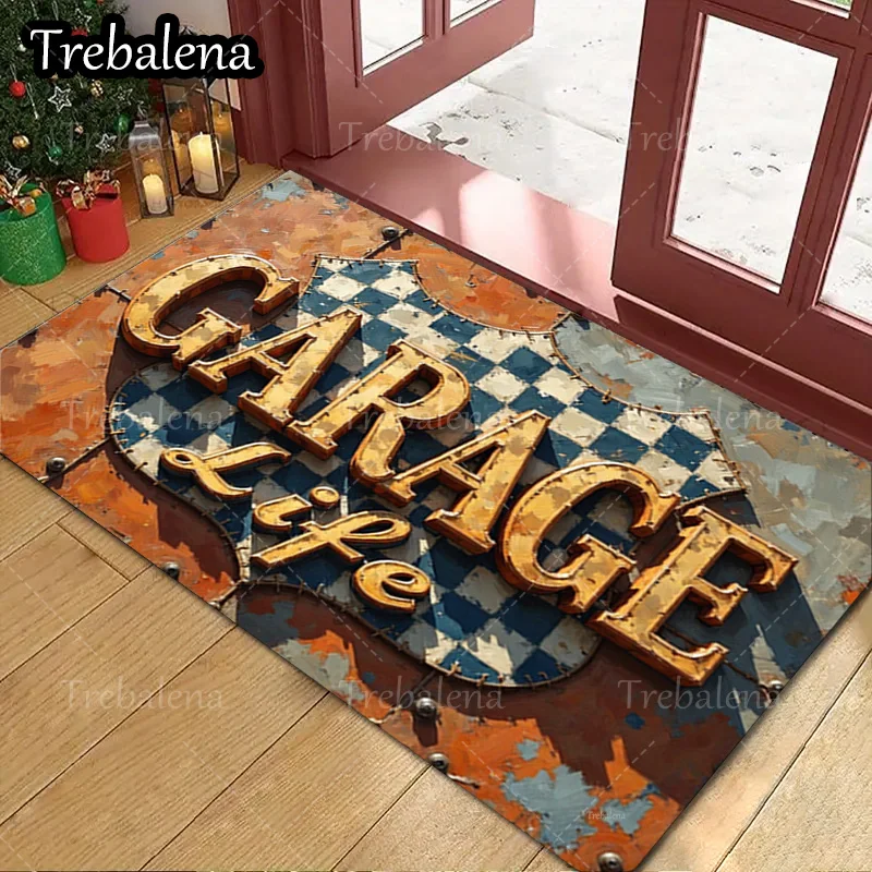 

1pc Welcome Door Mat Garage Life Rustic Metal Sign Doormat Vintage Industrial Decor Floor Mat