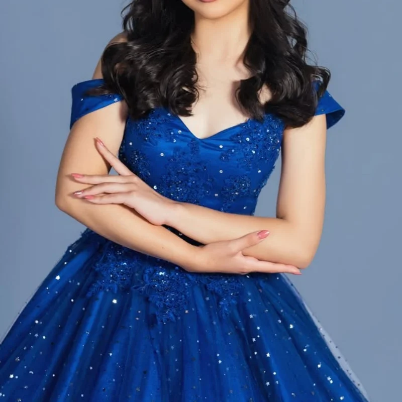 

simple royal blue Quinceanera Dress Tull glitter decal Long tail vestidos de 15 Quinceanera ﻿Customized