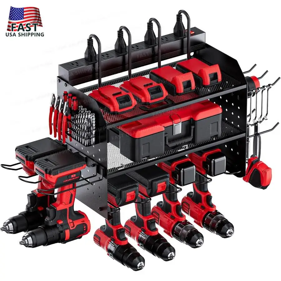 TRZZ Power Tool Organizer Wall Mount 3-Layer Charging Station with 8 Outlets 6 Drill Holders and Drill Bit Rack Efficient and O