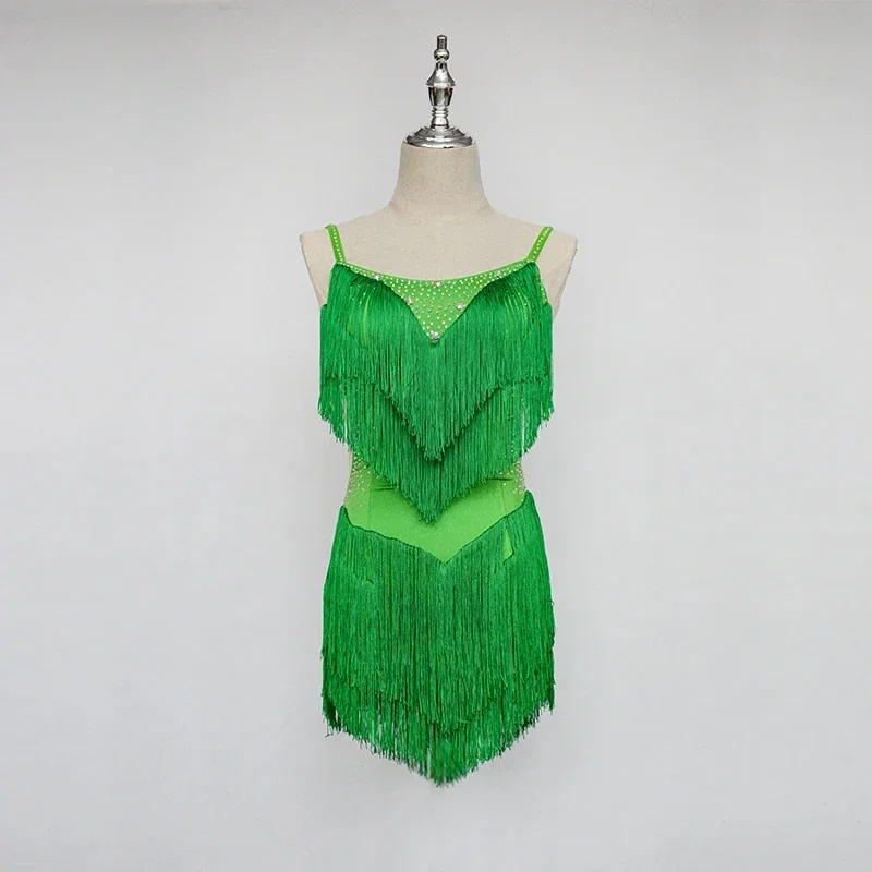 Vestido de baile latino, falda con flecos y tirantes, ropa de competición de diamantes, ropa de actuación profesional personalizada de alta gama para adultos y niños
