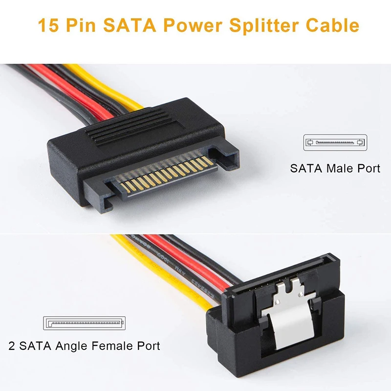 SATA 전원 케이블, 8 인치 SATA 15 핀 수-2XSATA 15 핀 다운 앵글 암 전원 스플리터 케이블, 2 팩