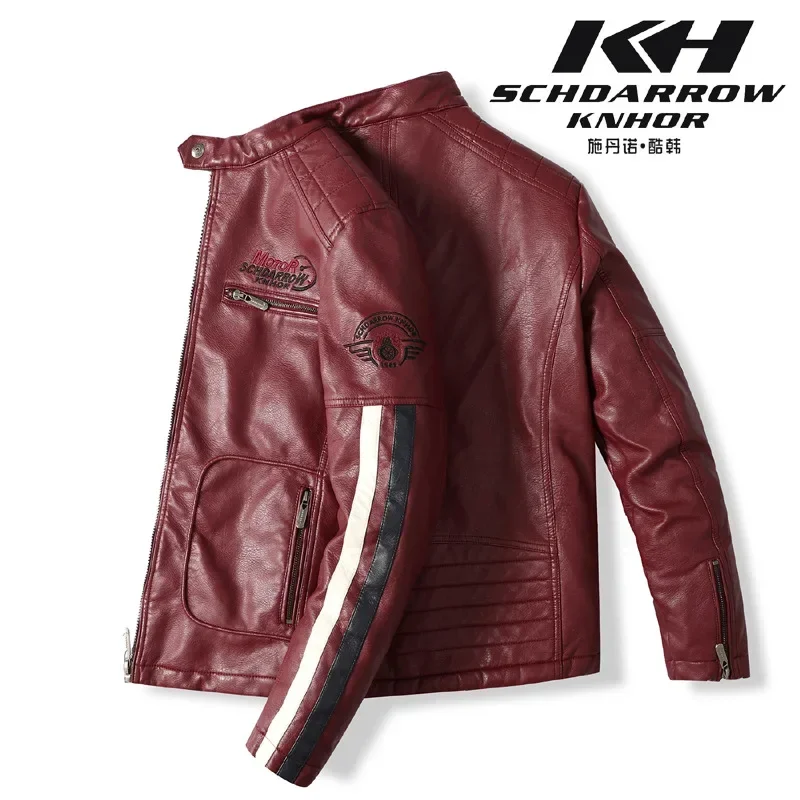 Men's New Autumn Winter Motorcycle Leather Racing Suit Color Embroidery Motorcycle PU Jacket Windproof Plus Cotton Coat