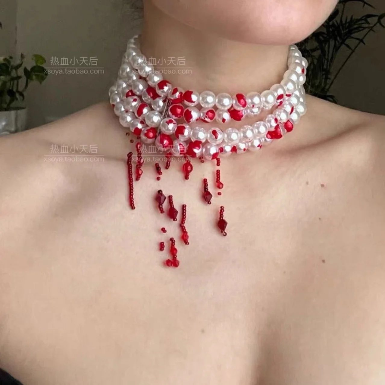 Blood drop pearl Y2K cool bloodthirsty four layer resin pearl red bead pendant multi-layer necklace CHOKER