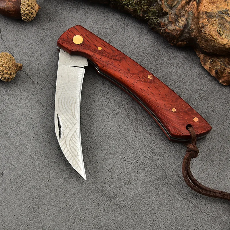 Modello laser 3CR13 Coltello a lama pieghevole in acciaio inossidabile Coltelli da tasca con manico in palissandro da campeggio all'aperto Strumento manuale per la sopravvivenza