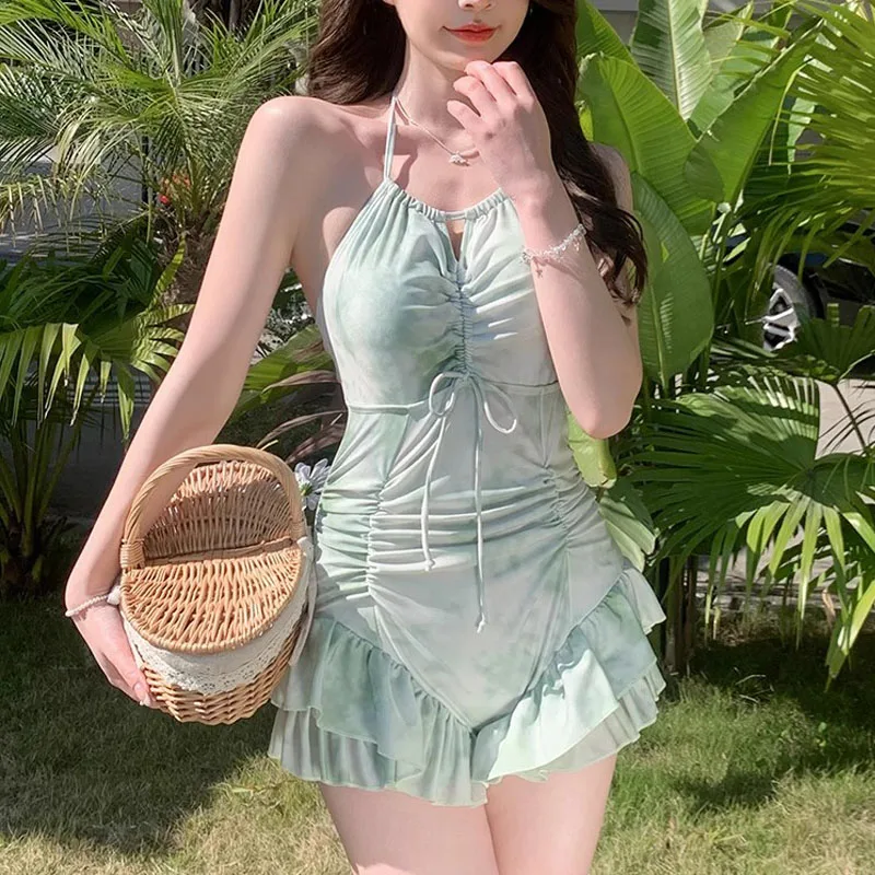 เกาหลีแฟชั่นชุดว่ายน้ําแบบอนุรักษ์นิยม One Piece พิมพ์ลายดอกไม้ย่น Ruffles ชุดมินิ Culottes บิกินี่ชุดว่ายน้ําเบาะ