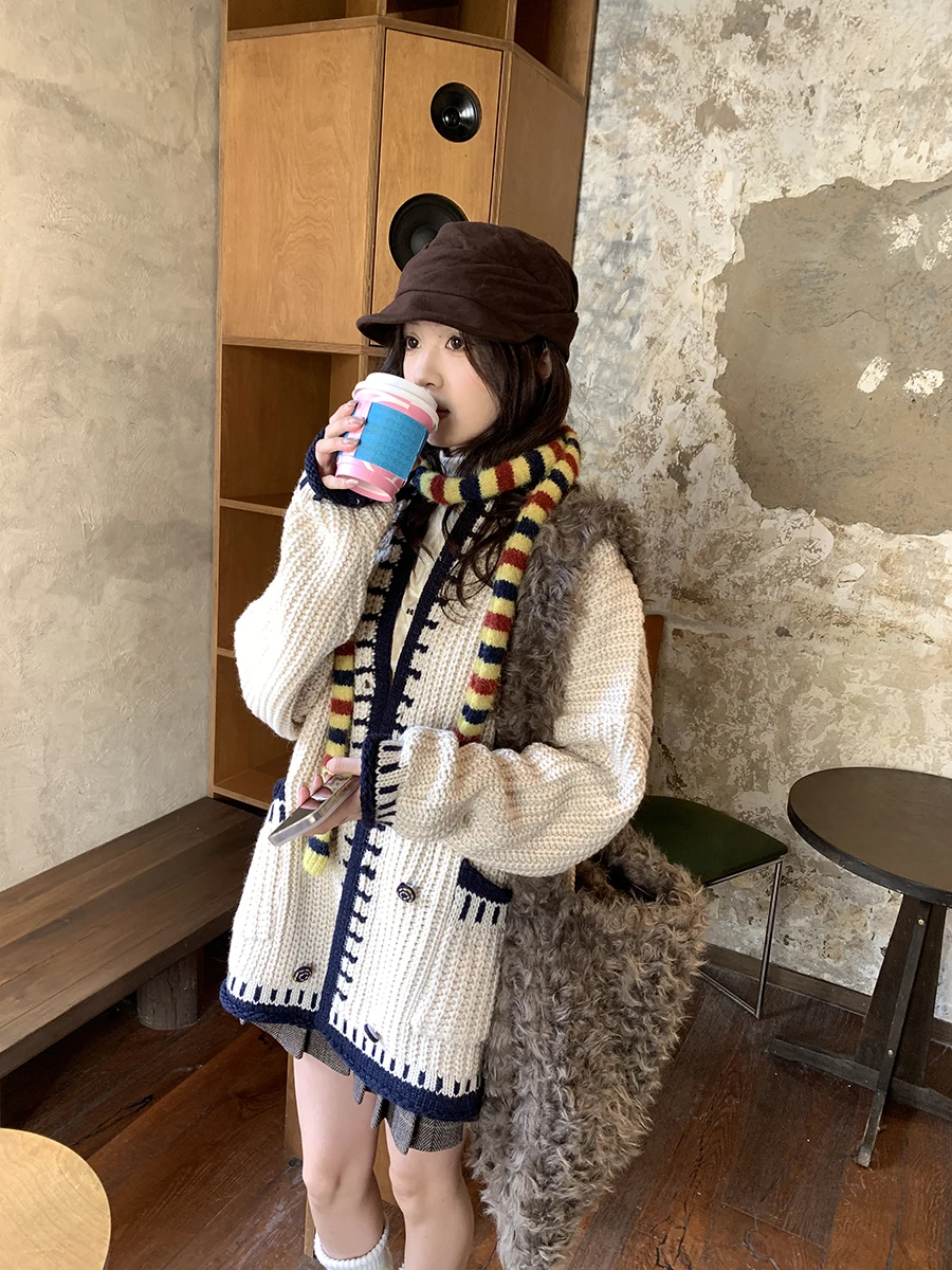 

Sinbounboun Lazy Sle Color Blo Knitted Sweater Coat Thiened Autumn Winter Women's Faion V-Ne Open Cardigan