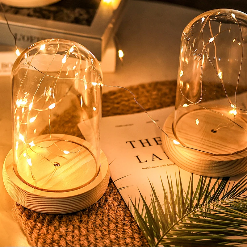 Glass Dome Wooden Base With LED Light Landscape Vase Dry Flower Cloche Cover DIY Plants Container Holder Bedroom Decor