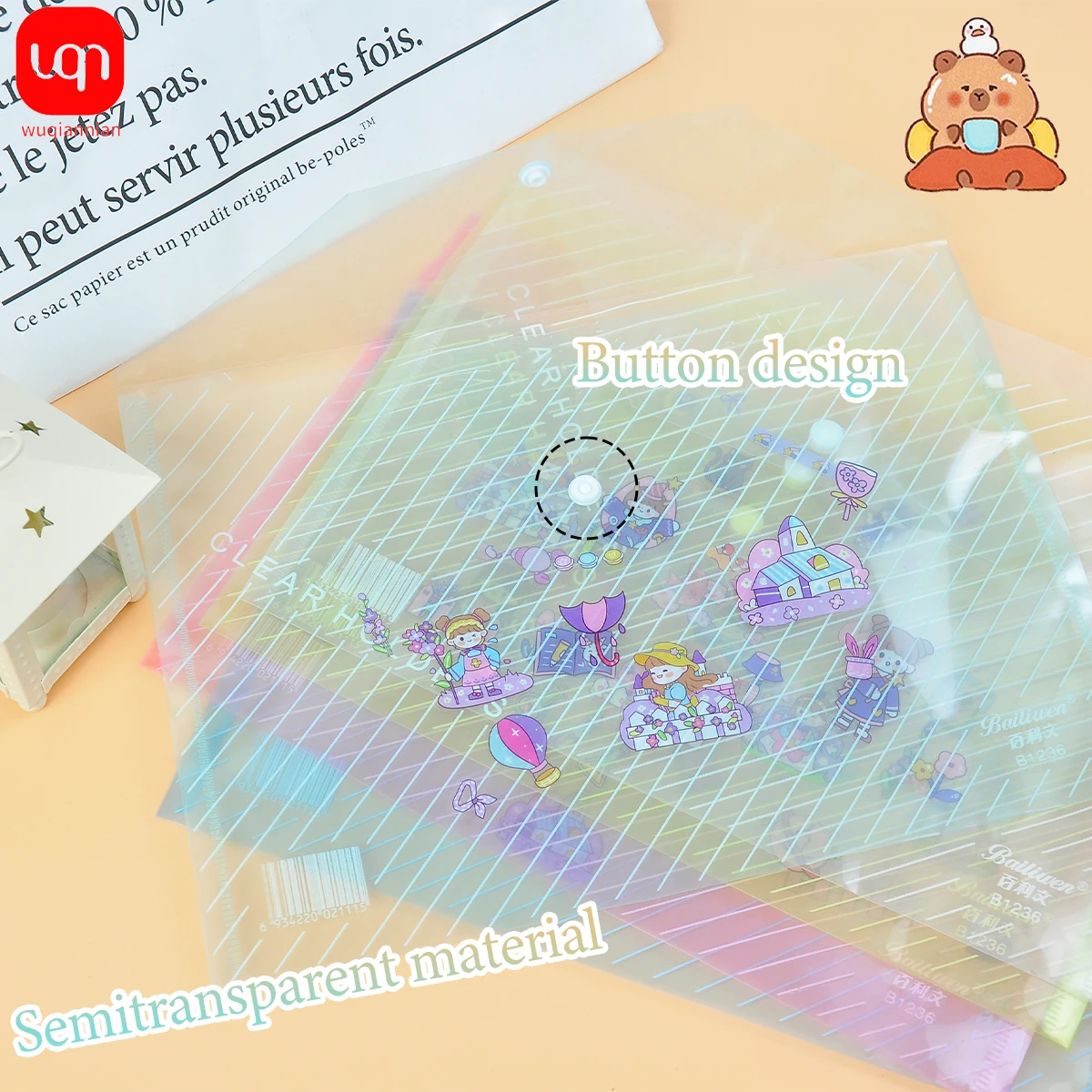 A4 Documententas Transparant 14c Dikte Grote Capaciteit Student Cartoon Sticker Knop Testpapier Opbergtas Kantoordocumenten