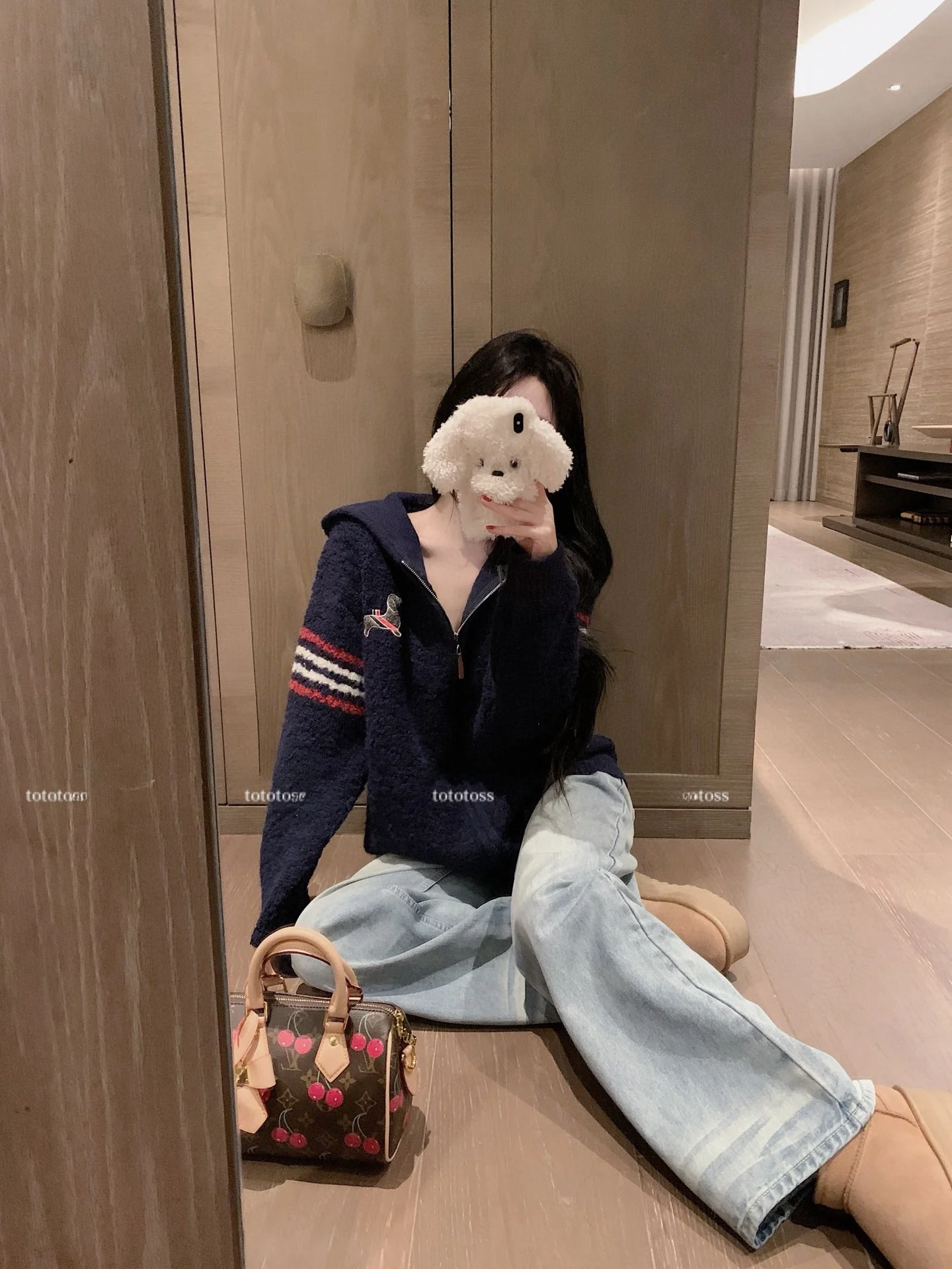 

Classic Seoul Zipper Knitted Women's Jaet with Dog Embroidery Long Sve Hooded Cardigan Warm Thermal Autumn Winter Outerwear