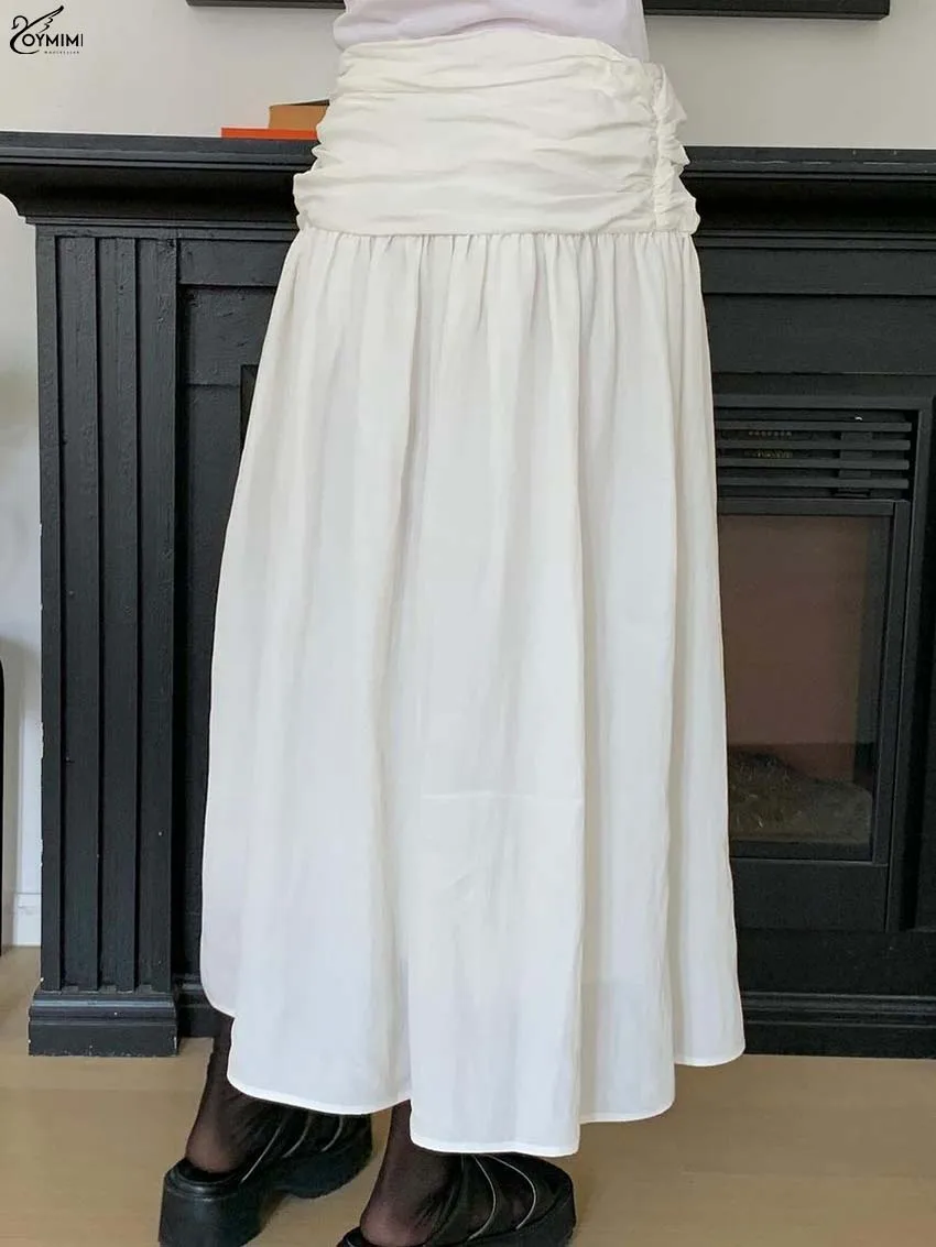 

Oymimi Causal White Loose Women's Skirt Fashion High Waisted Pleated Skirts Autumn New Zipper Mid-Calf Skirts Female Streetwear