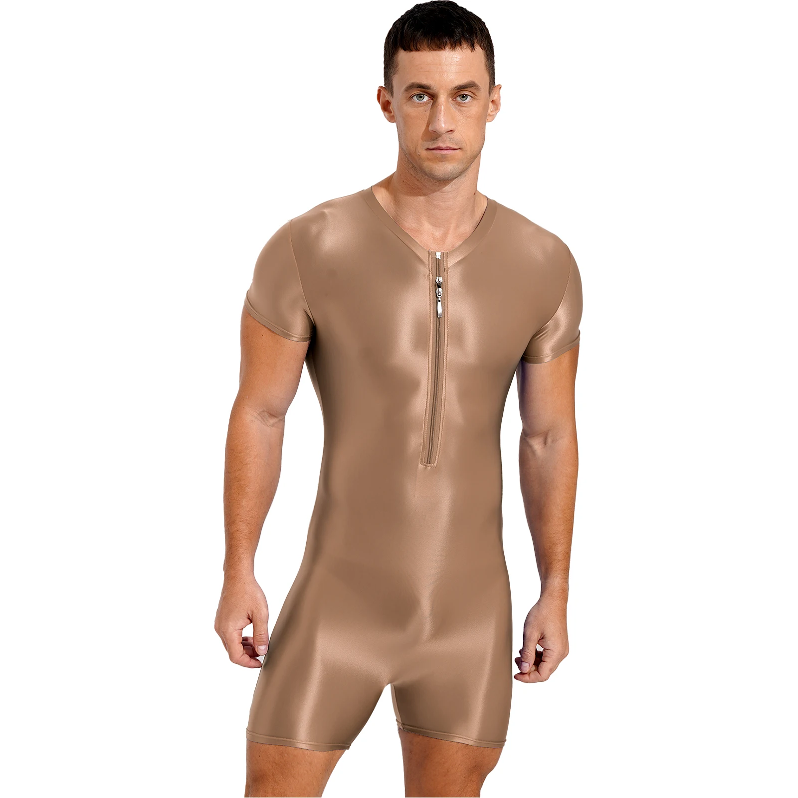 Bañador con cremallera para hombre, traje de baño de una pieza, brillante, elástico, cuello redondo, natación, Fitness, mono de manga corta,