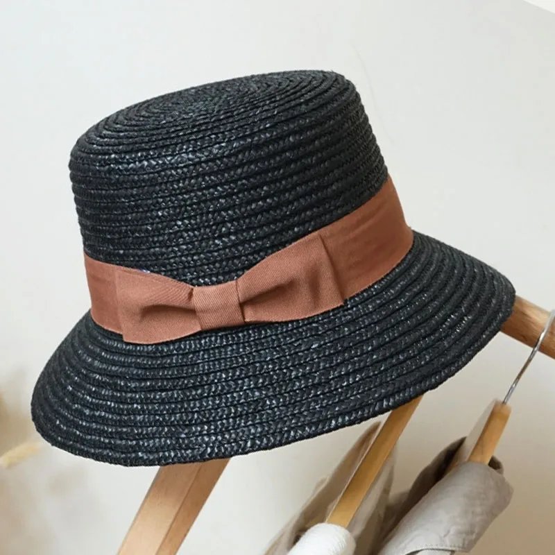 Handmade Summer Hats for Women Bucket Hat Ladies Sun Hat ribbon Bowknot Beige Straw Hat Adjuatble Beach Hat Wide Brim  Derby Hat