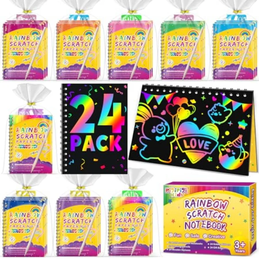 

Party Favors for 4-8-12: Scratch Rainbow Art Crafts Notebook, Coloring Book Goodie Bags Stuffers Kit, Bulk Birthday Gift Classr