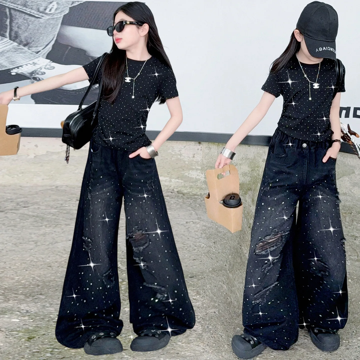 Teen Girls Summer Fashion Set Bling Rhinestone Top High Waist Ripped Jeans Chidlen Street Dance Performance Clothes