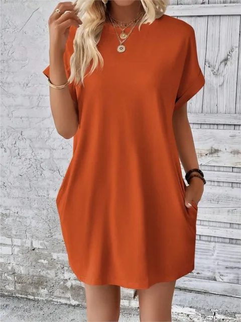 Moda Boho Resort Style Sukienki plażowe dla kobiet 2024 Nowe letnie sukienki w jednolitym kolorze O Neck Luźna mini sukienka z krótkim rękawem Femme