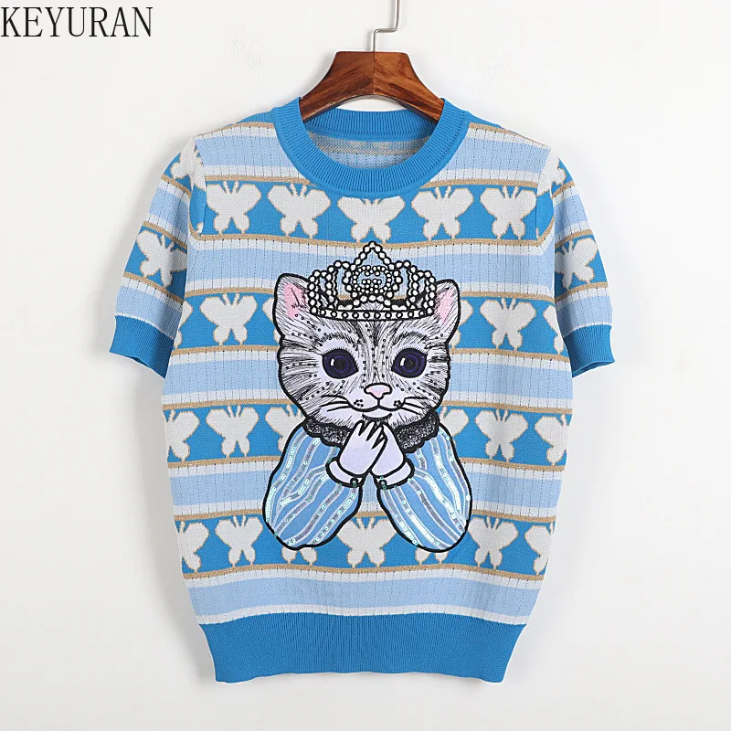 Embroidery Cat Sequins Striped Butterfly Knitted T-Shirts Women 2024 Summer Short-sleeved O-neck Hollow Out Thin Sweater Blue