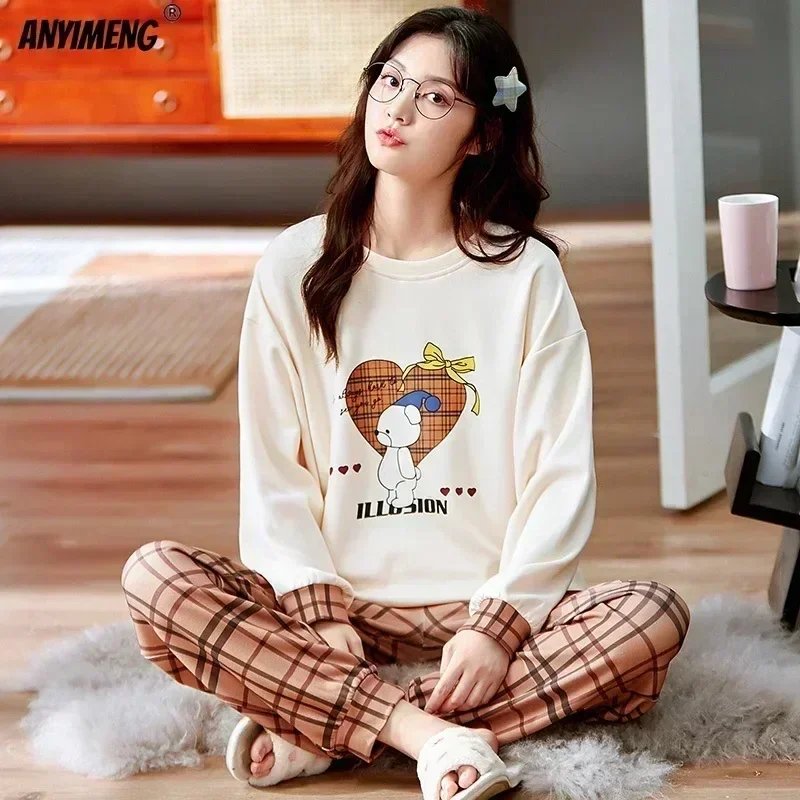 Romantic Printing Pure Cotton Sleepwear Leisure Women\'s Home Clothing Autumn Winter Pyjamas 100% Coton Fashion Loungewear Pj Set