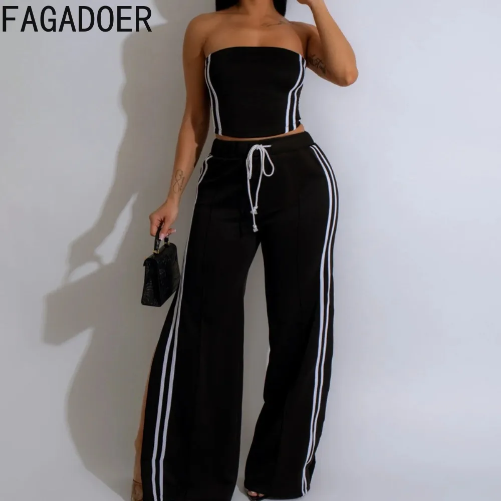 

FAGADOER Fashion Stripe Print Wide Leg Pants Two Piece Sets For Women Sleeveless Backless Tube And Drawstring Pants Outfits 2024