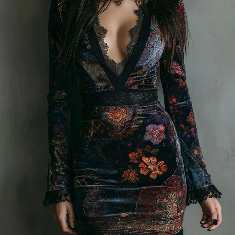 2026 Sexy escote en V profundo vestidos de fiesta de encaje hueco mujer primavera estampado Floral terciopelo Mini vestido otoño manga larga ajustado vestido bohemio