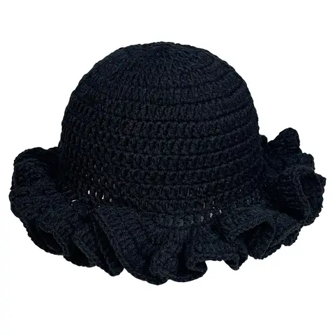 Women's Solid Color Fluffy Bucket Hat, Ruffled Knit Hat, Hollow-Out Handmade Crochet, Lace Fisherman Hat, Suitable for Autumn and Winter, Solid Color Knit Hat