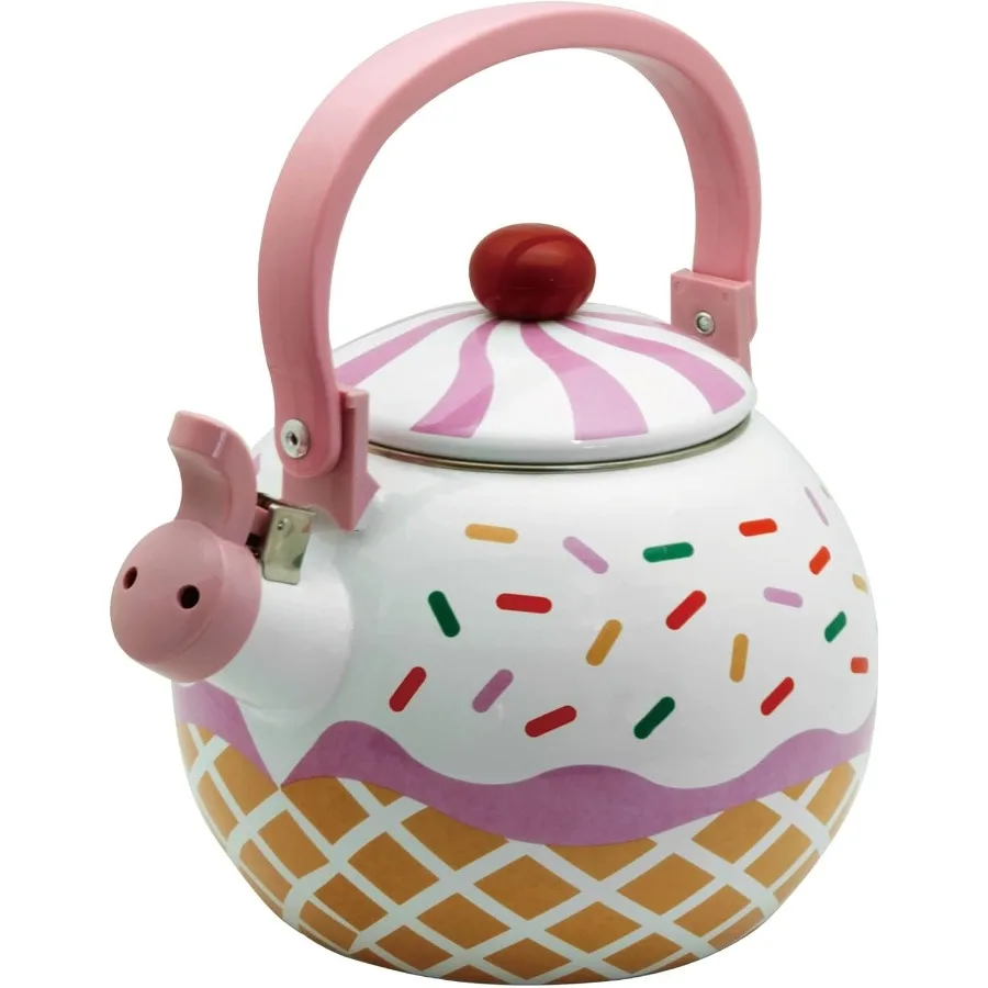 

Whistling Tea Kettle Enamel on Steel Teakettle with Strawberry Cupcake Design for Kitchen Use 1.7 Quart Cute and Functional Wat