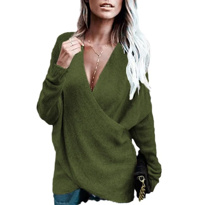 Sweater Rajut Wanita Terbaru Musim Gugur/Dingin 2025, Warna Solid, Lengan Panjang Model Silang, Longgar