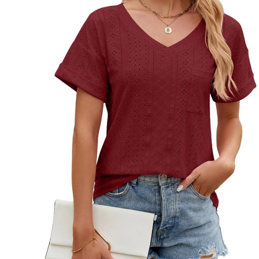 

Womens Summer V Neck Hollowing Out Short Sleeve Shirt Fashion Basic Loose Fitting Tee Business Casual Shirts Basic Plain Blouses