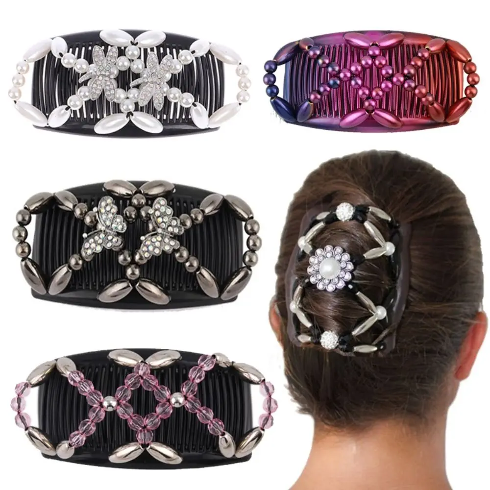 Ladies Women Handmade Ponytail Holder Stretch Beaded Hair Clip Magic Hair Comb Double Comb Beaded Hair Claws