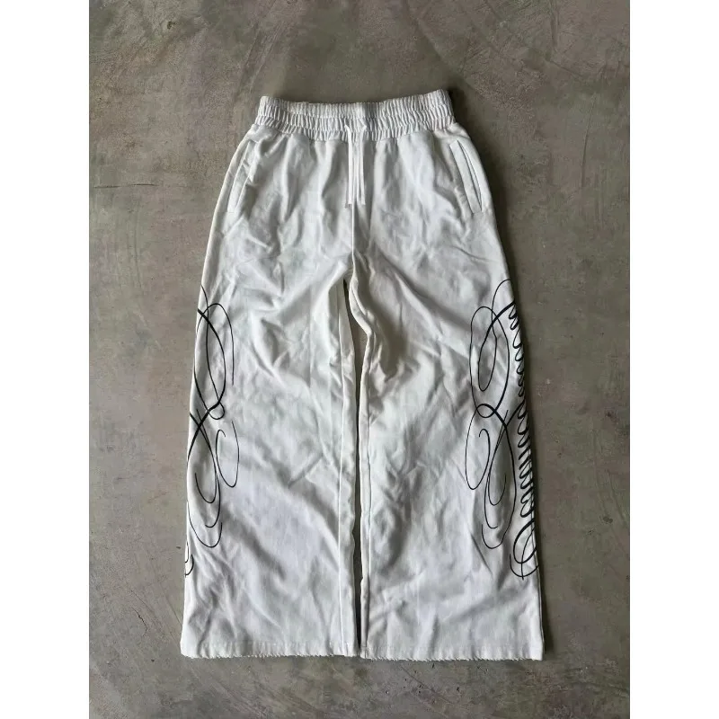 2026 Summer Men Kid New Trendy White Loose Wide Leg Sweatpants Abstract Curve Print Elastic Waist Casual Hip Hop Dance Jogger