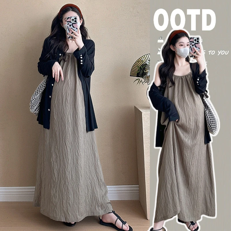 

2024 Long Loose Maternity Summer Dress Black Cardigan + Backless Slip Dress 2pcs Pregnant Woman Simple Style Comfortable Clothes