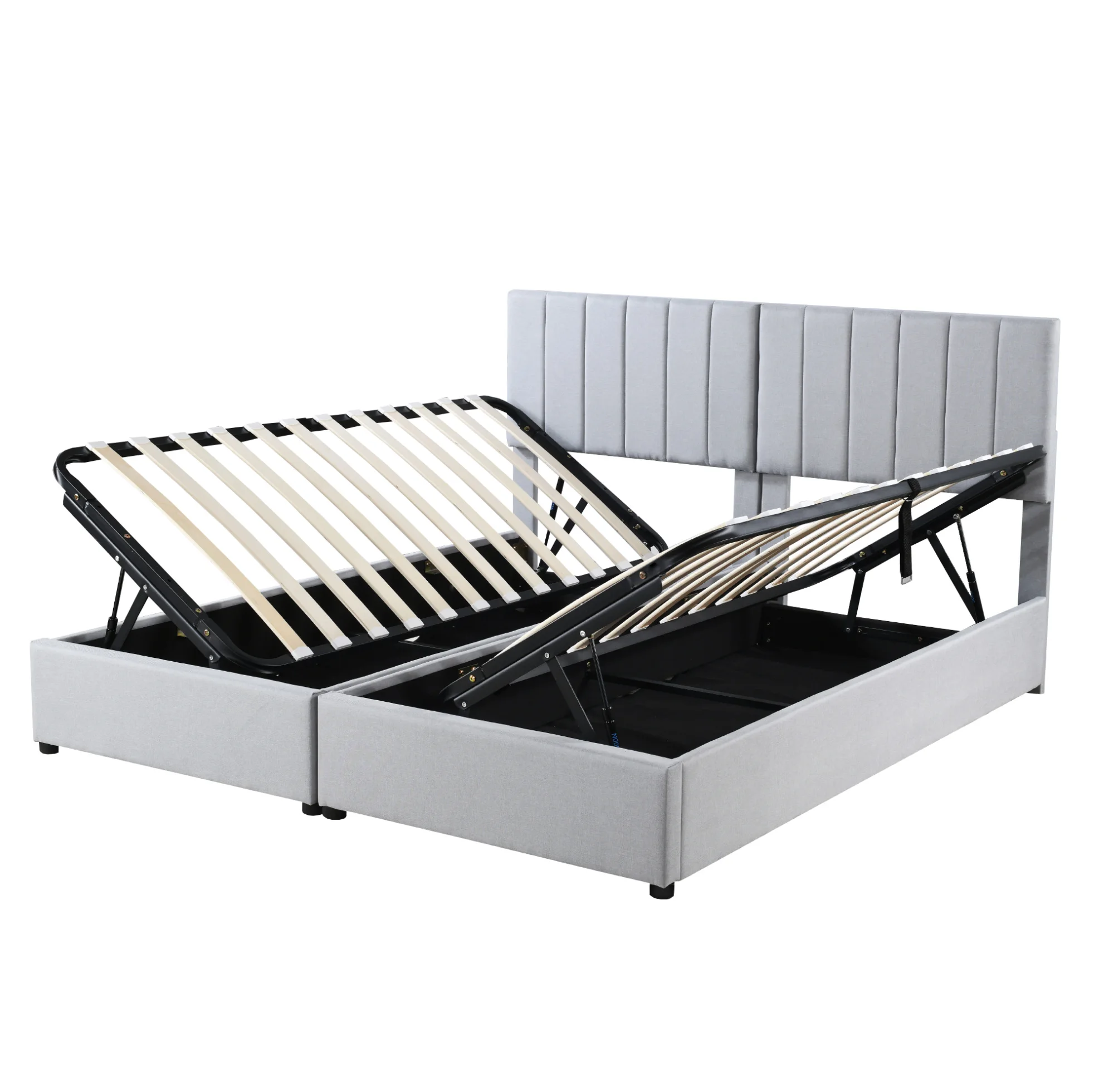 Gestoffeerd tweepersoonsbed van 180x200 cm met hydraulische opbergruimte, linnen stof, om te bouwen tot twee bedden van 90 cm, grijs