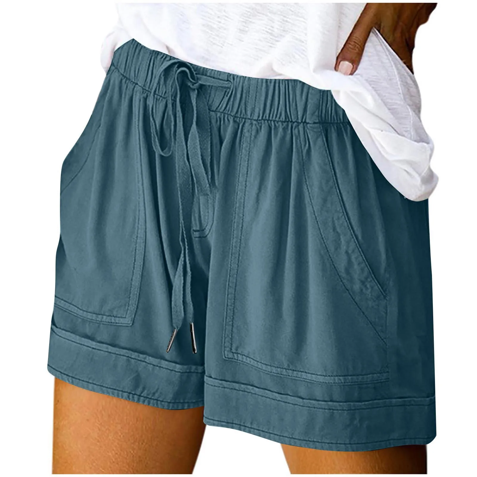 

Summer Womens Comfy Drawstring Shorts Solid Plus Size Splice Casual Shorts Elastic Waist Pocketed Loose Shorts шорты женские