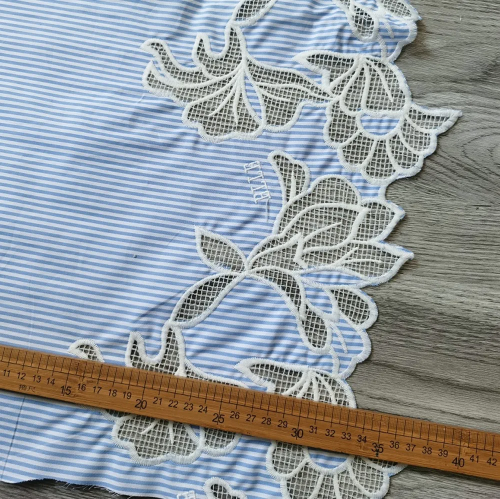 Blue Yarn-dyed Cloth Skirt Bilateral Floral Embroidery Cotton Fabric By The Meter view 4
