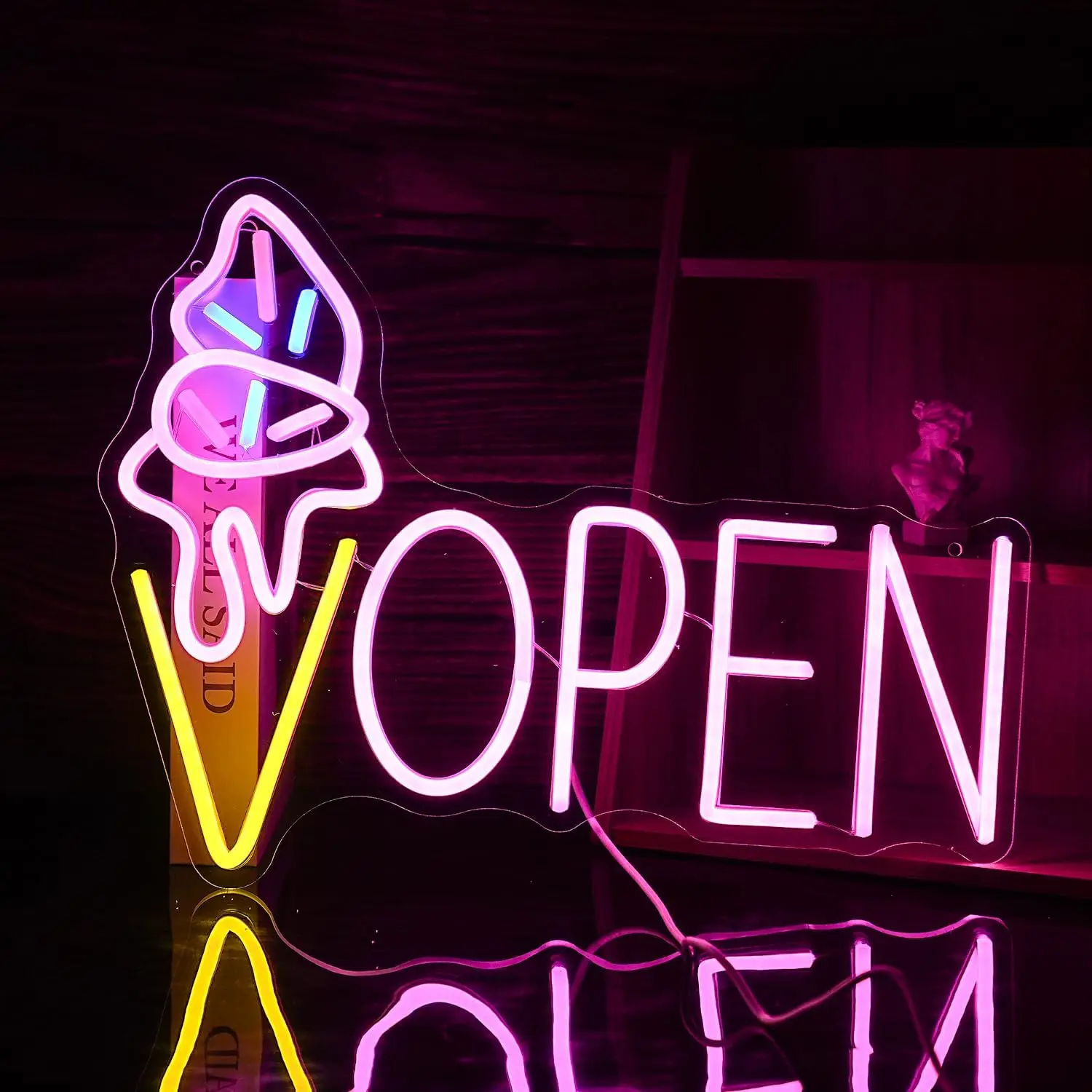 Ice Cream Open Neon Sign LED Light Up Dimmable for Ice Cream Sign for Dessert Shop Cake Shop Home Cafe Decor Girl Birthday Gifts