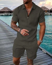 Pure Color Gradient Pattern Print Men's Zipper Collar Tracksuit Summer Trend Polo Shirt + Shorts 2pcs Sets Men's Streetwear Set