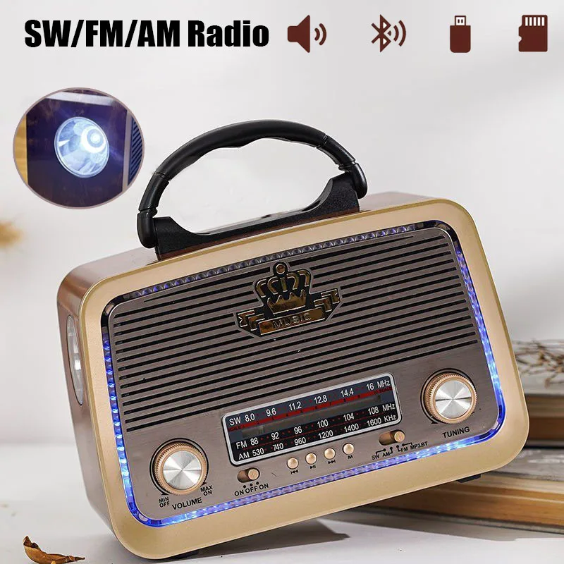 Портативный классический винтажный радиоприемник FM AM SW радиоприемник беспроводной Bluetooth динамик перезаряжаемый/220 В переменного тока светодиодный фонарик