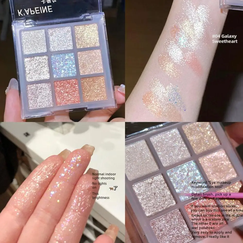 Image of 9 Farben Vollperlmutt-Lidschatten-Palette, langanhaltender Schimmer, Highlights, funkelnde Pailletten, blau-lila Augen-Make-up-Kosmetik