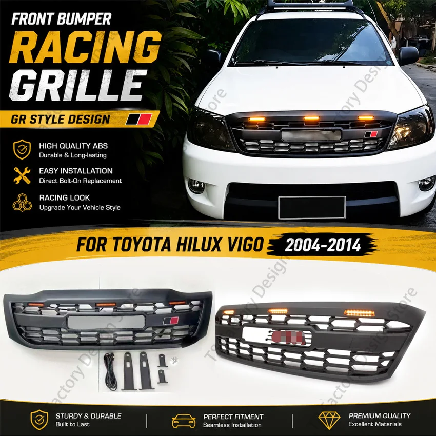 Car Front Bumper Racing Grille for Toyota Hilux Vigo 2004-2014 GR Style 4X4 OffRoad Radiator Mesh Hood Grilles Body Kit Tuning